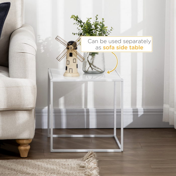  Set de 2 masute de cafea patrate stivuibile, masute laterale si de living din otel, alb [5]