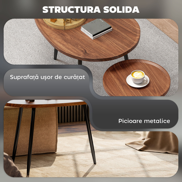  Set de 2 Masute de Cafea Suprapunabile din Lemn si Metal [5]