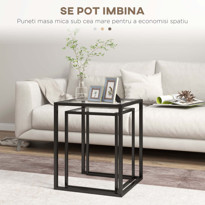  Set de 2 Mese Moderne Suprapuse Economie de Spatiu din Otel si Sticla Temperata, Negru [4]