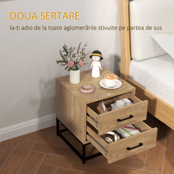  Set de 2 Noptiere cu 2 Sertare din Lemn si Otel, 40x39.5x48 cm, Lemn Natural [5]