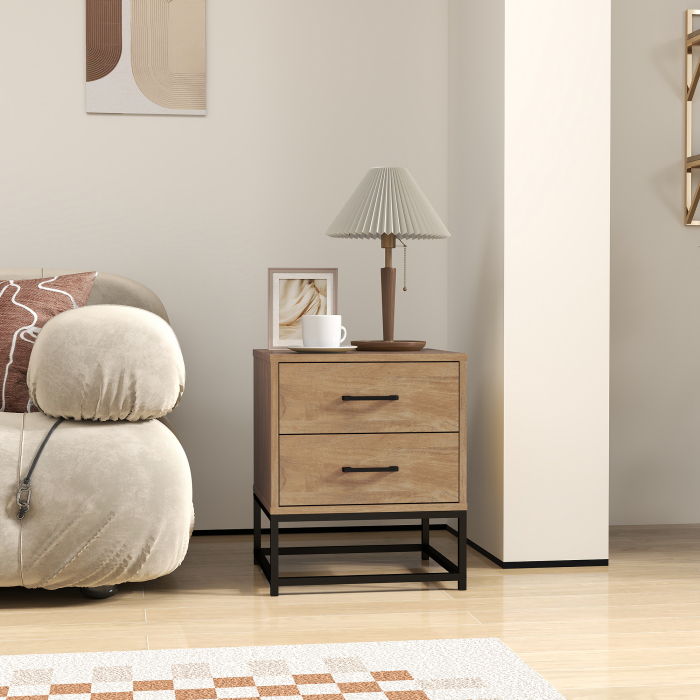  Set de 2 Noptiere cu 2 Sertare din Lemn si Otel, 40x39.5x48 cm, Lemn Natural [9]