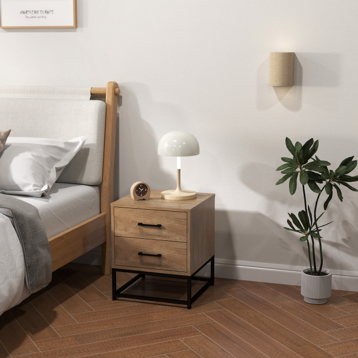  Set de 2 Noptiere cu 2 Sertare din Lemn si Otel, 40x39.5x48 cm, Lemn Natural [7]