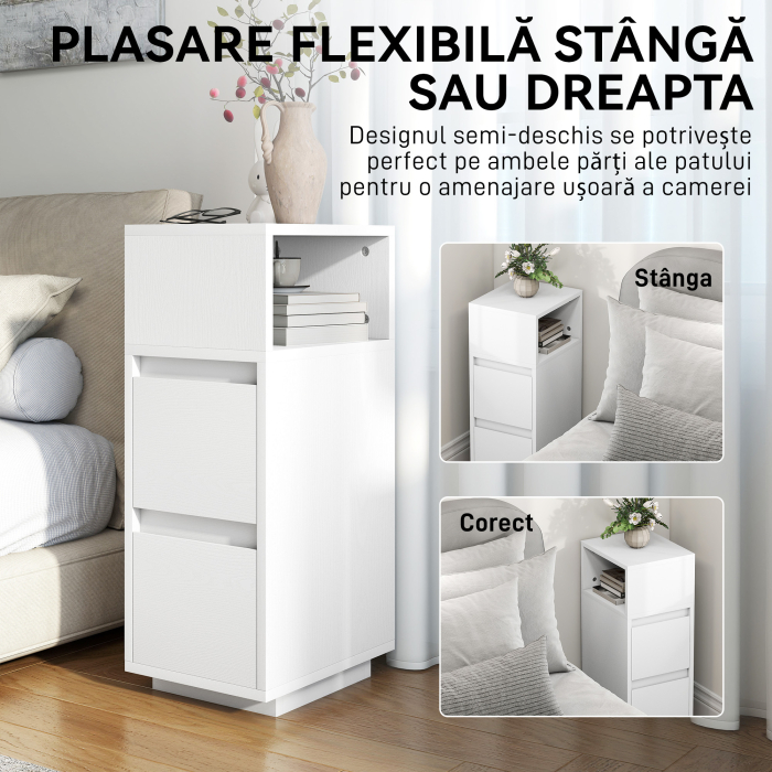  Set de 2 Noptiere Moderne cu 2 Sertare si Raft Deschis, 25x30x65 cm, Alb [6]