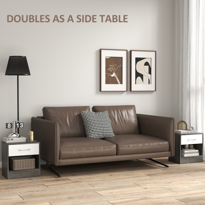  Set de 2 Noptiere Moderne cu Raft Deschis si Sertar, din Lemn, 39x28x41 cm, Alb si Gri inchis [6]