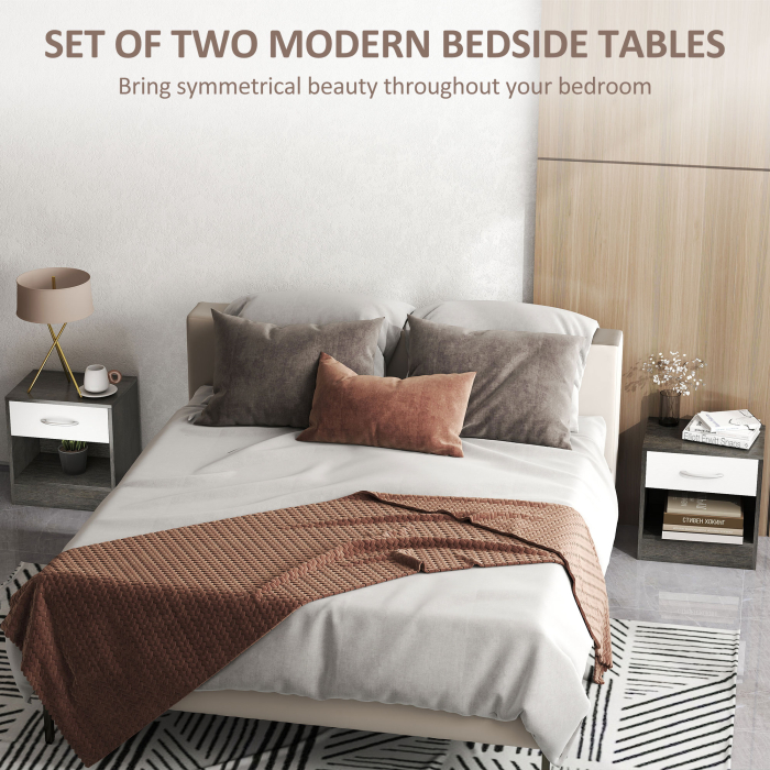  Set de 2 Noptiere Moderne cu Raft Deschis si Sertar, din Lemn, 39x28x41 cm, Alb si Gri inchis [4]