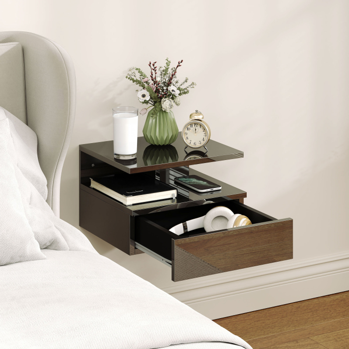  Set de 2 noptiere moderne suspendate cu sertar si polita din lemn, 35x32x22,5cm, negru lucios [8]