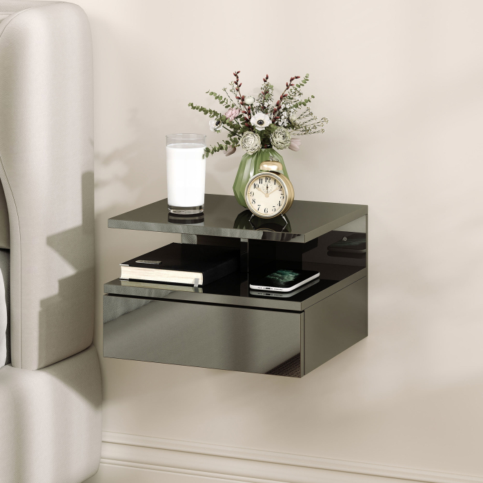  Set de 2 noptiere moderne suspendate cu sertar si polita din lemn, 35x32x22,5cm, negru lucios [7]