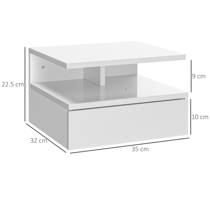  Set de 2 Noptiere Moderne Suspendate cu Sertar si Raft din Lemn 35x32x22,5cm, Alb Lucios [3]