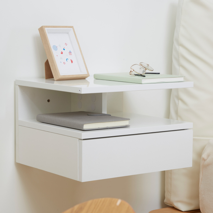  Set de 2 Noptiere Moderne Suspendate cu Sertar si Raft din Lemn 35x32x22,5cm, Alb Lucios [6]