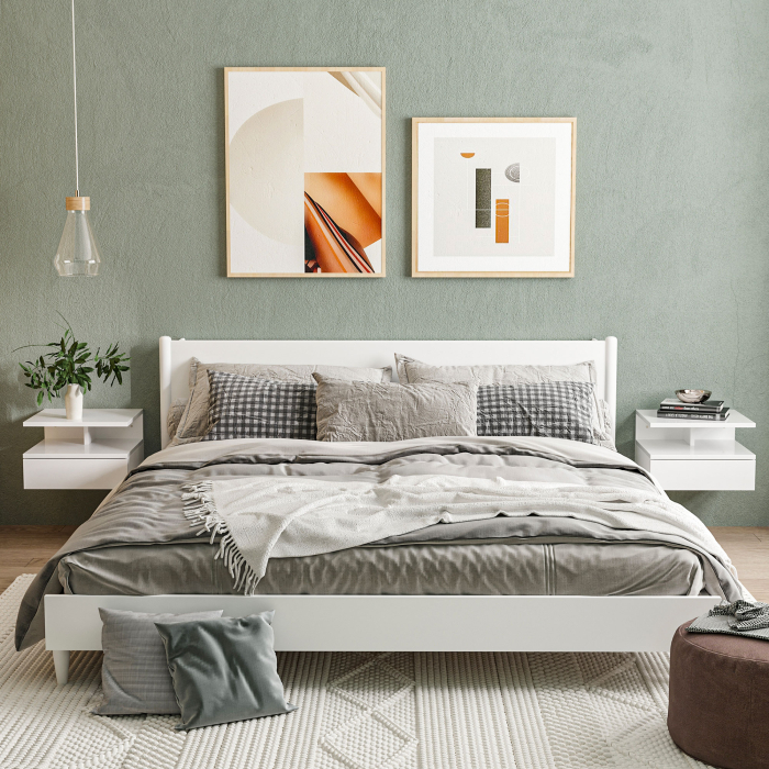  Set de 2 Noptiere Moderne Suspendate cu Sertar si Raft din Lemn 35x32x22,5cm, Alb Lucios [2]