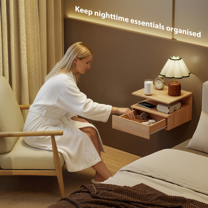  Set de 2 noptiere moderne suspendate pentru dormitor cu sertar si raft din lemn 35x32x22,5cm, stejar [6]