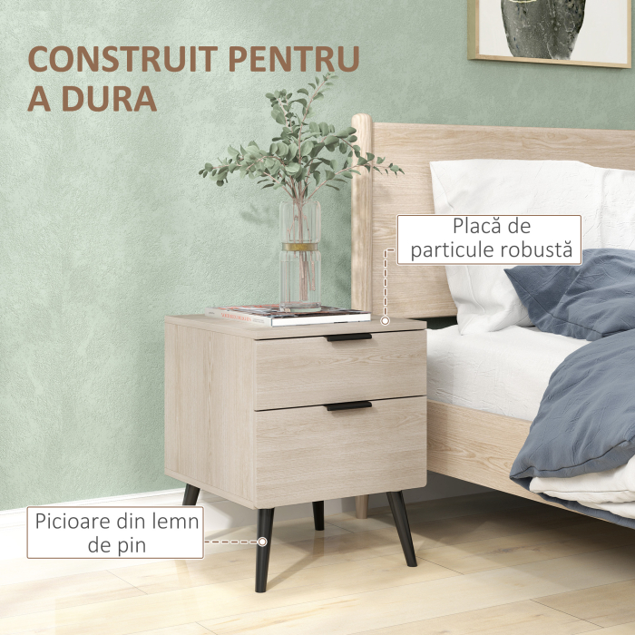 Set de 2 noptiere stil nordic cu sertar si baza inaltata, din lemn, 40x40x50 cm, culoare stejar [6]