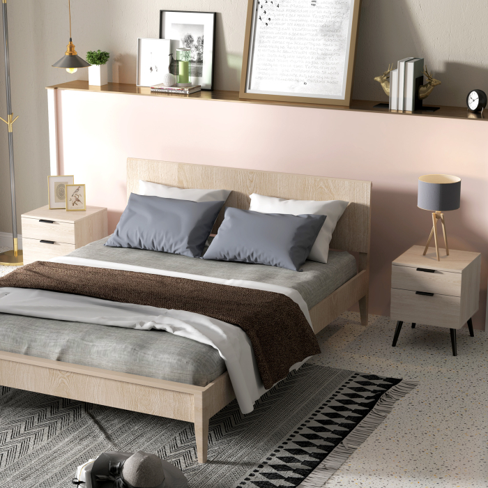  Set de 2 noptiere stil nordic cu sertar si baza inaltata, din lemn, 40x40x50 cm, culoare stejar [8]