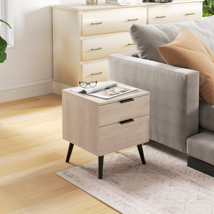  Set de 2 noptiere stil nordic cu sertar si baza inaltata, din lemn, 40x40x50 cm, culoare stejar [9]