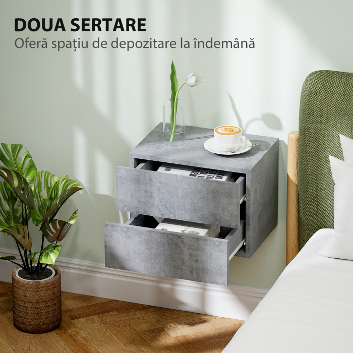  Set de 2 Noptiere Suspendate cu 2 Sertare, 40x29x30 cm, Gri [5]
