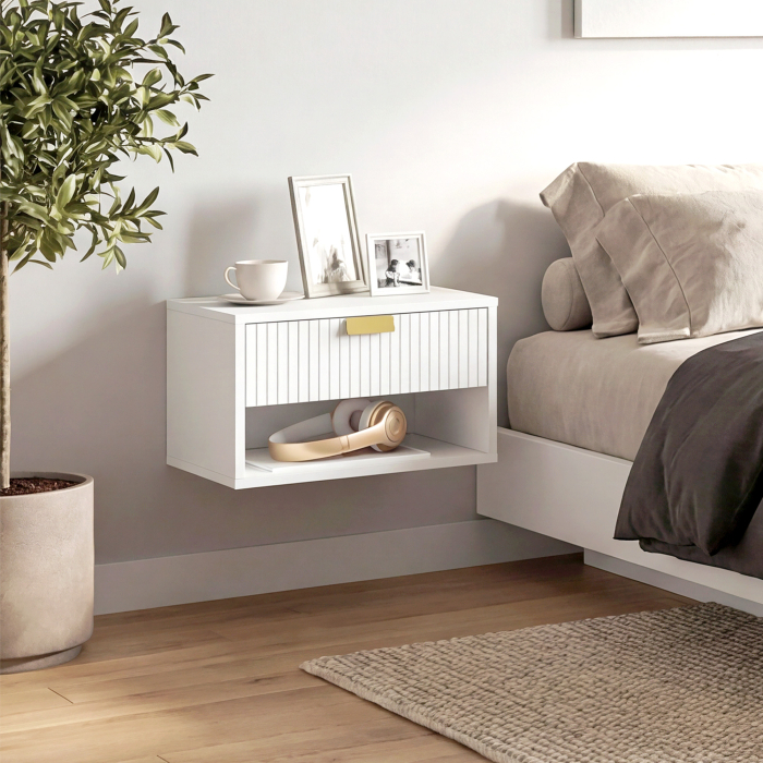  Set de 2 Noptiere Suspendate cu Sertar Decorat si Raft Deschis, Alb [9]