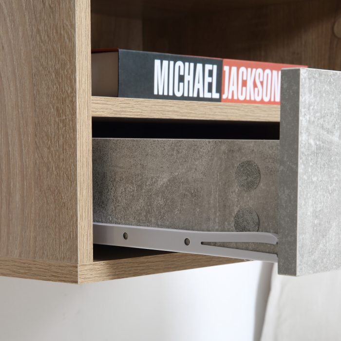  Set de 2 Noptiere Suspendate cu Sertar si Etajera 45x35x27.5cm - Gri/Culoare Lemn [7]