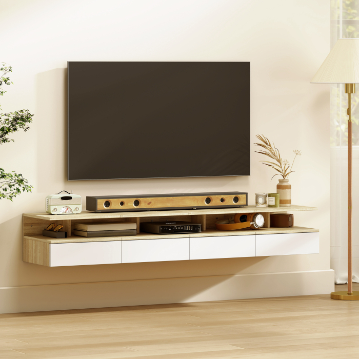  Set de 2 Noptiere Suspendate cu Sertar si Raft Deschis, 35x32x22,5 cm, Alb si Stejar [8]