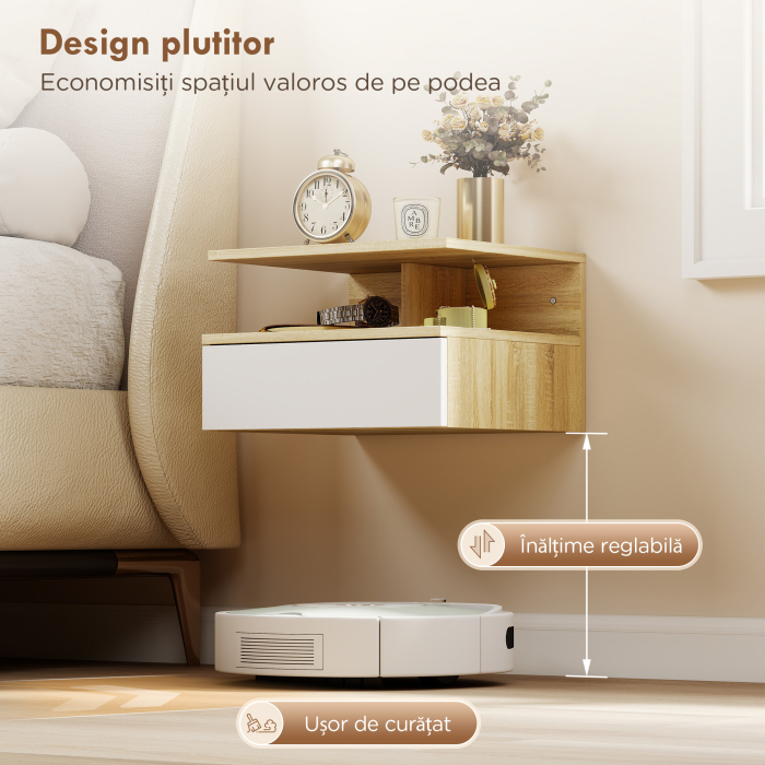  Set de 2 Noptiere Suspendate cu Sertar si Raft Deschis, 35x32x22,5 cm, Alb si Stejar [4]