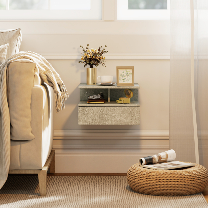  Set de 2 Noptiere Suspendate cu Sertar si Raft Deschis, 35x32x22.5 cm, Gri Ciment [9]