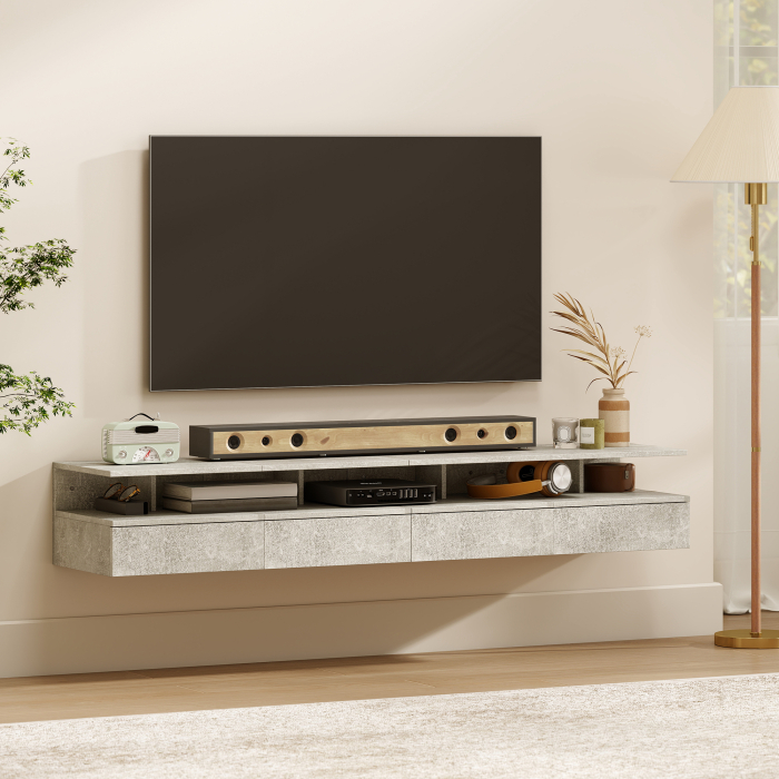  Set de 2 Noptiere Suspendate cu Sertar si Raft Deschis, 35x32x22.5 cm, Gri Ciment [8]