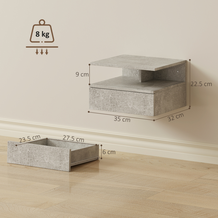  Set de 2 Noptiere Suspendate cu Sertar si Raft Deschis, 35x32x22.5 cm, Gri Ciment [3]