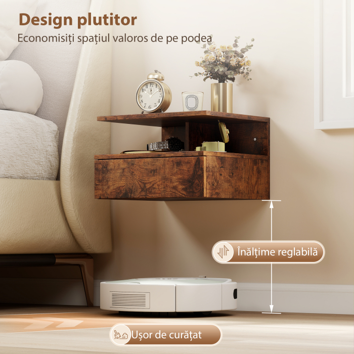  Set de 2 Noptiere Suspendate cu Sertar si Raft Deschis, 35x32x22.5 cm, Maro Rustic [5]