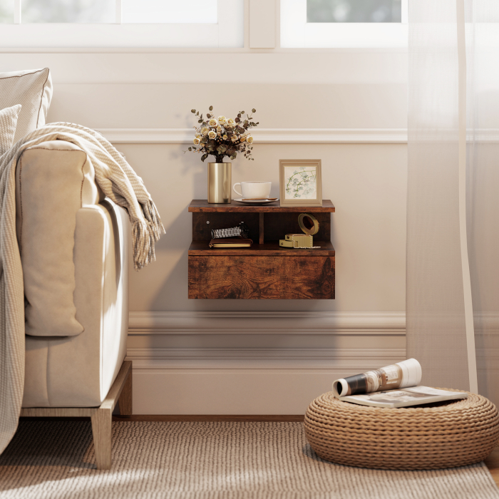  Set de 2 Noptiere Suspendate cu Sertar si Raft Deschis, 35x32x22.5 cm, Maro Rustic [9]