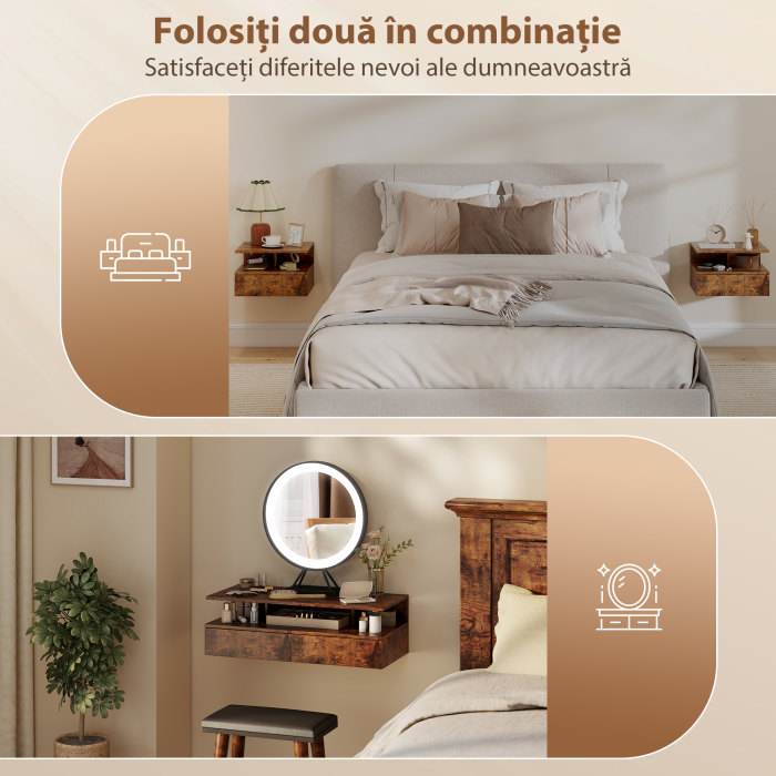  Set de 2 Noptiere Suspendate cu Sertar si Raft Deschis, 35x32x22.5 cm, Maro Rustic [6]