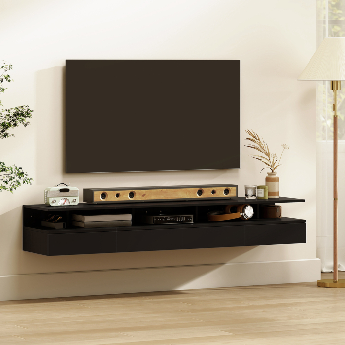  Set de 2 Noptiere Suspendate cu Sertar si Raft Deschis, 35x32x22.5 cm, Negru [8]