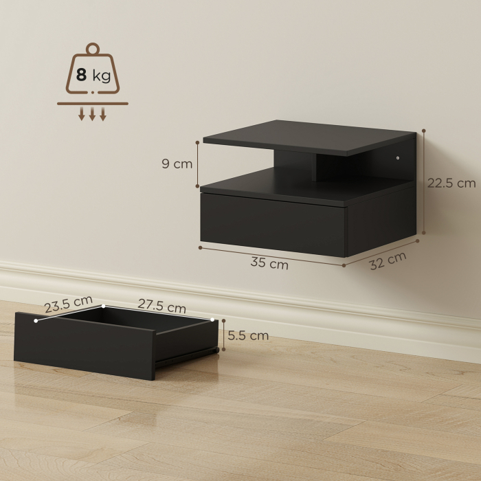  Set de 2 Noptiere Suspendate cu Sertar si Raft Deschis, 35x32x22.5 cm, Negru [3]