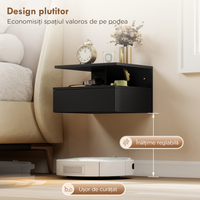  Set de 2 Noptiere Suspendate cu Sertar si Raft Deschis, 35x32x22.5 cm, Negru [5]