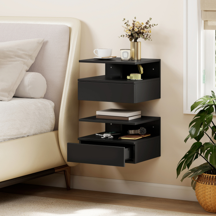  Set de 2 Noptiere Suspendate cu Sertar si Raft Deschis, 35x32x22.5 cm, Negru [2]