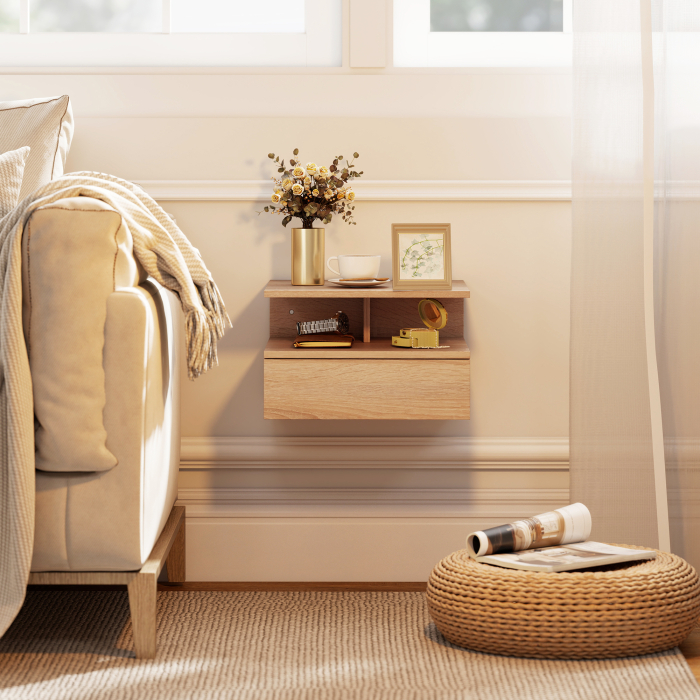  Set de 2 Noptiere Suspendate cu Sertar si Raft Deschis, 35x32x22.5 cm, Stejar [9]