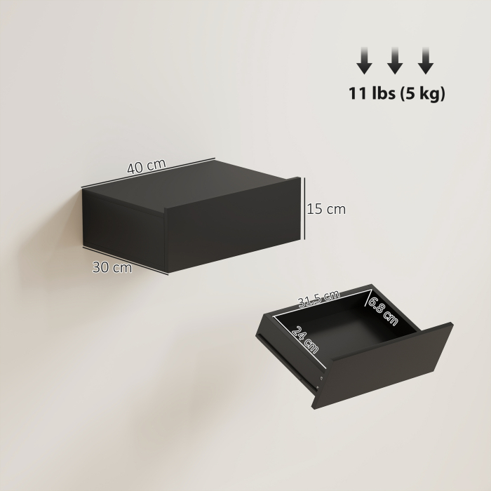  Set de 2 Noptiere Suspendate Moderne cu Sertar din Lemn, 40x30x15 cm, Negru [3]