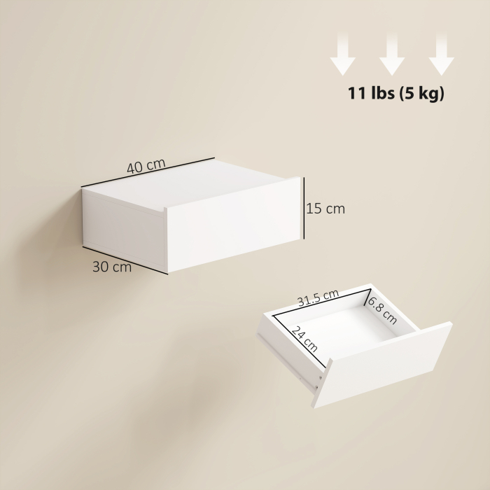  Set de 2 Noptiere Suspendate pentru Dormitor cu Sertar, 40x30x15 cm, Alb [3]