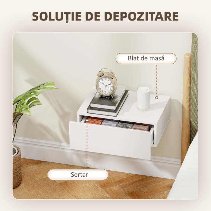  Set de 2 Noptiere Suspendate pentru Dormitor cu Sertar, 40x30x15 cm, Alb [5]