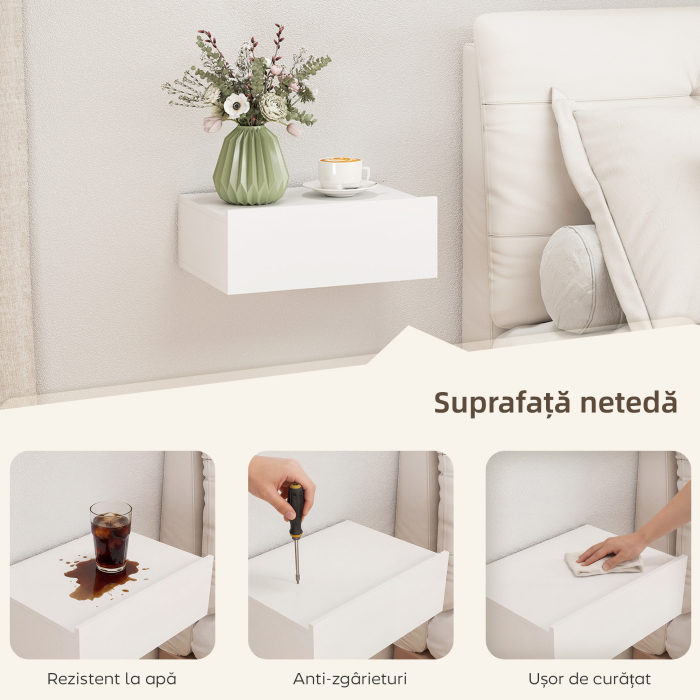  Set de 2 Noptiere Suspendate pentru Dormitor cu Sertar, 40x30x15 cm, Alb [6]