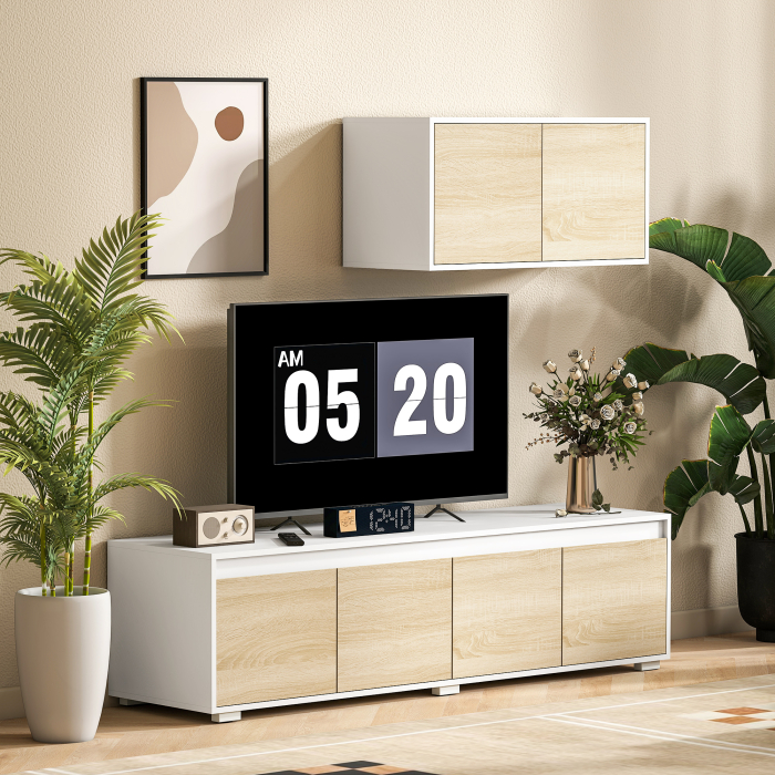 Set de 2 Piese pentru Televizor cu Dulap de Perete, Unitate de Divertisment Independenta pentru Televizoare de 70 de inci, cu Rafturi Reglabile si Gauri pentru Cabluri, Natur [2]