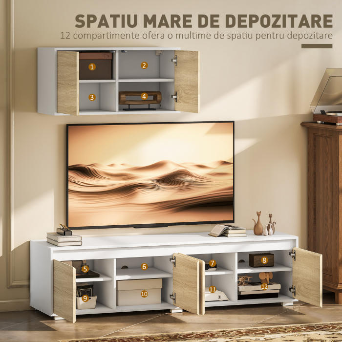  Set de 2 Piese pentru Televizor cu Dulap de Perete, Unitate de Divertisment Independenta pentru Televizoare de 70 de inci, cu Rafturi Reglabile si Gauri pentru Cabluri, Natur [5]