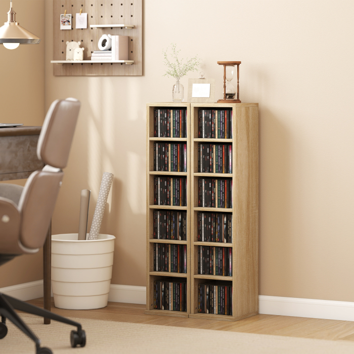  Set de 2 Rafturi pentru CD-uri cu Polite Reglabile, Capacitate 204 CD-uri, Design Compact, 21x22,5x88,5 cm, Stejar [2]