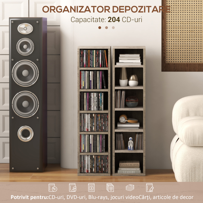  Set de 2 rafturi pentru CD-uri cu polite reglabile pentru 204 CD-uri, 21x22,5x88,5 cm, gri [4]