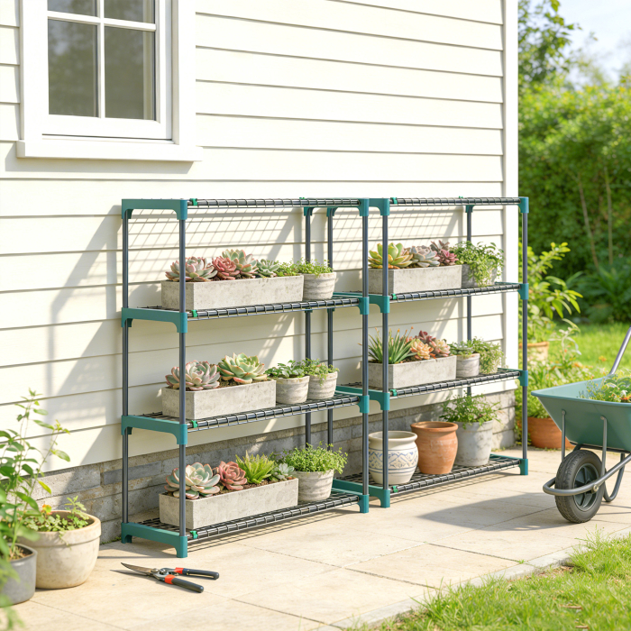  Set de 2 rafturi pentru plante cu 4 niveluri din otel cu carlige, 90x28x104 cm, verde [2]