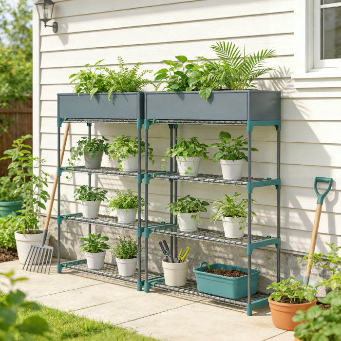  Set de 2 rafturi pentru plante cu 4 niveluri din otel cu carlige, 90x28x104 cm, verde [9]
