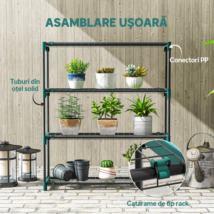  Set de 2 rafturi pentru plante cu 4 niveluri din otel cu carlige, 90x28x104 cm, verde [6]