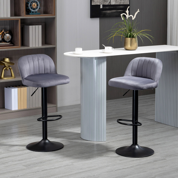  Set de 2 scaune de bar cu efect de catifea cu spatar si suport pentru picioare, 43x45x81-101cm, gri [2]