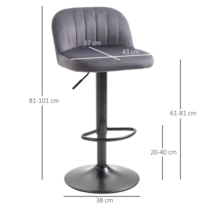  Set de 2 scaune de bar cu efect de catifea cu spatar si suport pentru picioare, 43x45x81-101cm, gri [3]