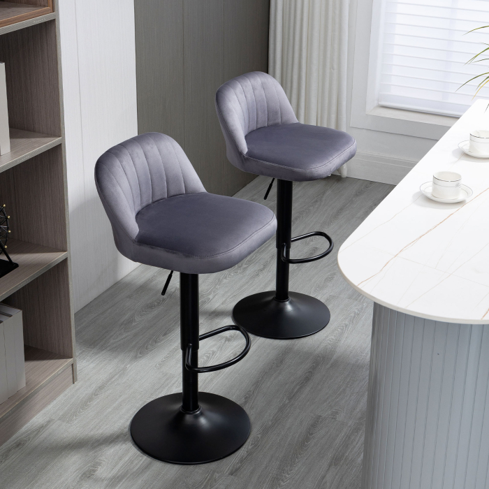  Set de 2 scaune de bar cu efect de catifea cu spatar si suport pentru picioare, 43x45x81-101cm, gri [8]