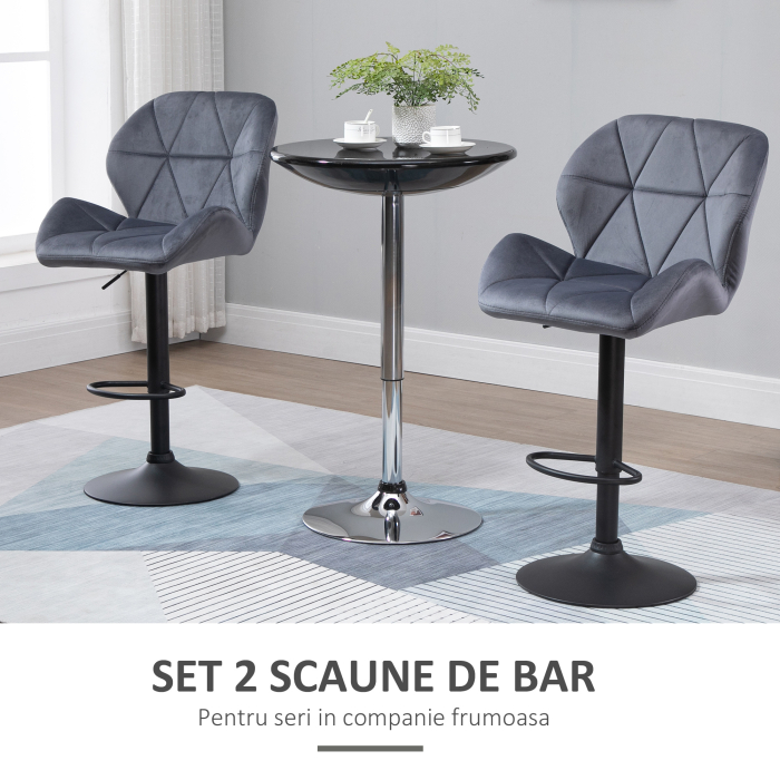  Set de 2 Scaune de Bar cu inaltime Reglabila, Baza Metalica si sezut din Catifea, 51.5x57.5x93-114.5 cm, Gri [7]