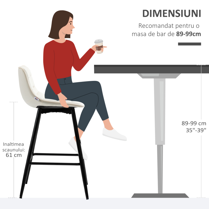  Set de 2 scaune de bar cu spatar si suport pentru picioare, scaune inalte tapitate in stil nordic din metal si catifea, alb-crem, 45x47x84 cm [7]